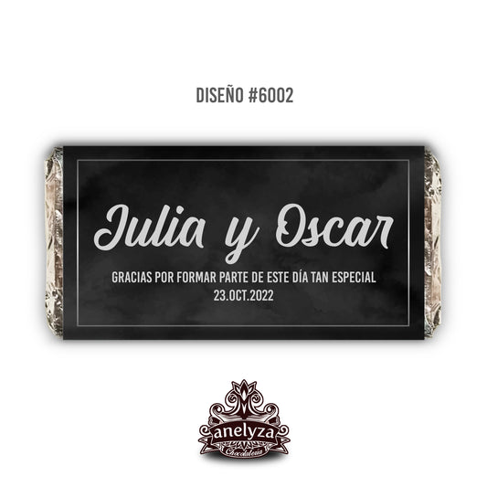 20 BARRAS DE CHOCOLATE PERSONALIZADAS DISEÑO #6002 FONDO NEGRO CON PLATEADO BODAS