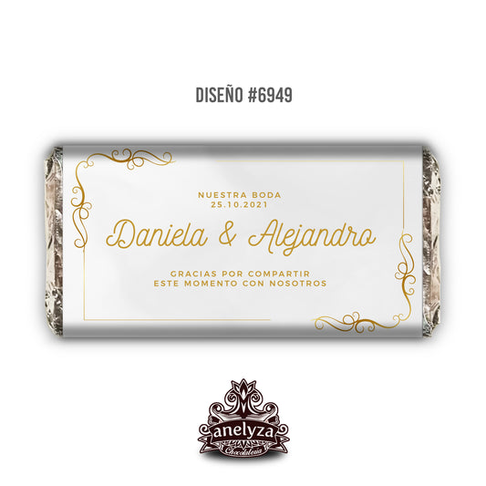 20 BARRAS DE CHOCOLATE PERSONALIZADAS DISEÑO #6949 FONDO BLANCO CON DORADO BODAS