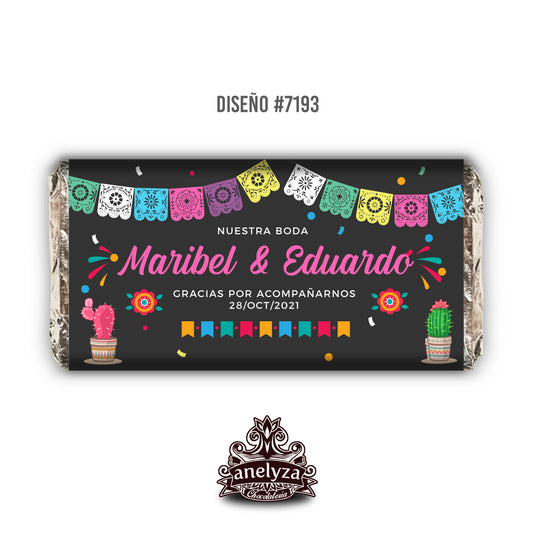 20 BARRAS DE CHOCOLATE PERSONALIZADAS DISEÑO #7193 DISEÑO MEXICANO BODAS