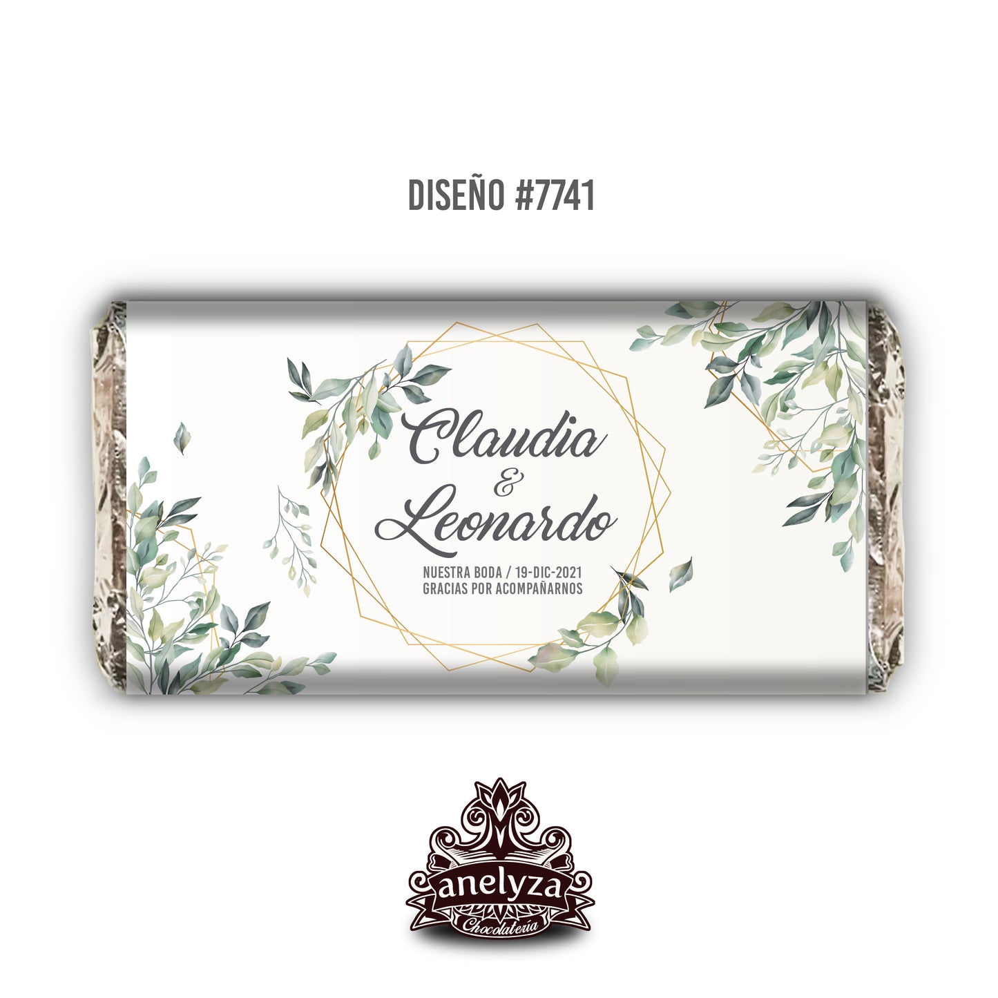 20 BARRAS DE CHOCOLATE PERSONALIZADAS DISEÑO #7741 HOJAS VERDES BODAS