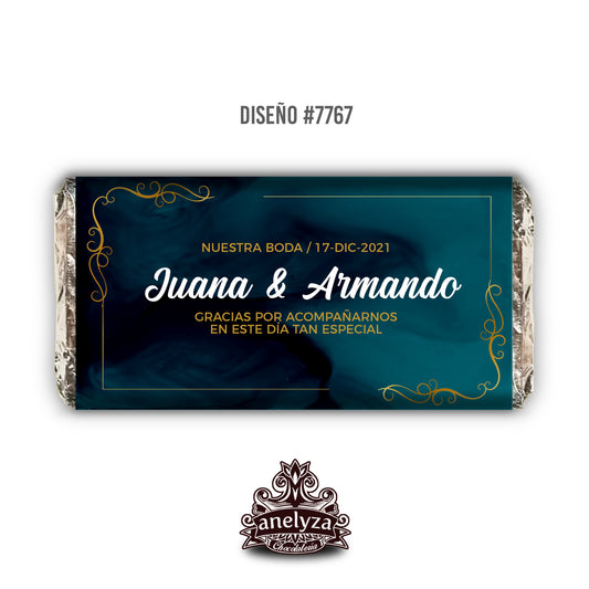 20 BARRAS DE CHOCOLATE PERSONALIZADAS DISEÑO #7767 VERDE ESMERALDA BODAS