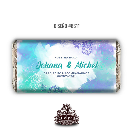 20 BARRAS DE CHOCOLATE PERSONALIZADAS DISEÑO #8611 ACUARELA AZUL Y MORADO BODAS