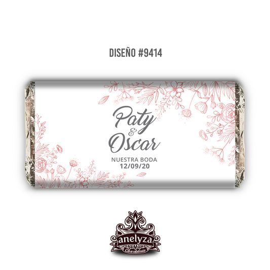 20 BARRAS DE CHOCOLATE PERSONALIZADAS DISEÑO #9414 FLORES ROSE GOLD BODAS