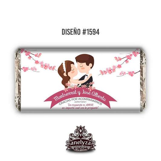 20 BARRAS DE CHOCOLATE PERSONALIZADAS DISEÑO #1594 DIBUJO CASADOS BODAS