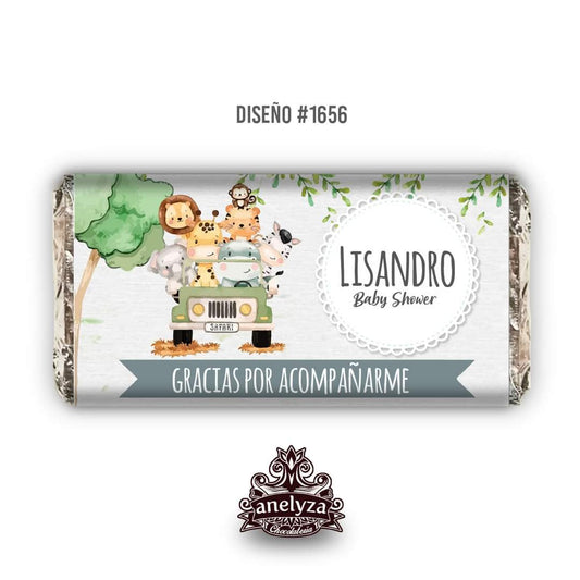 20 BARRAS DE CHOCOLATE PERSONALIZADAS DISEÑO #1656 SAFARI NACIMIENTO/BABY SHOWER