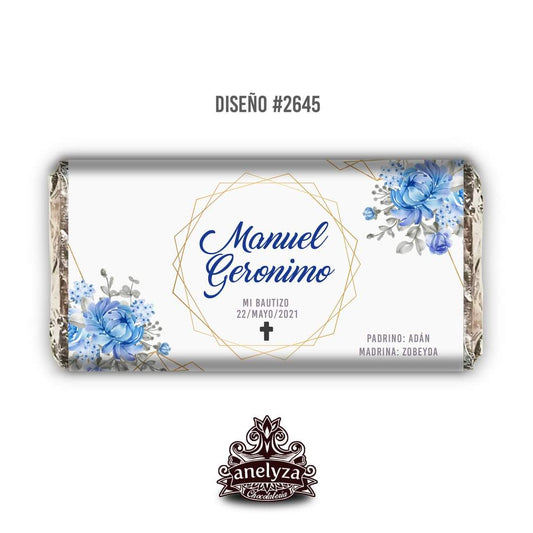 20 BARRAS DE CHOCOLATE PERSONALIZADAS DISEÑO #2645 FLORES AZUL BAUTIZO/PRIMERA COMUNIÓN