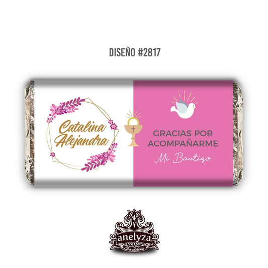 20 BARRAS DE CHOCOLATE PERSONALIZADAS DISEÑO #2817 ROSA BAUTIZO/PRIMERA COMUNIÓN