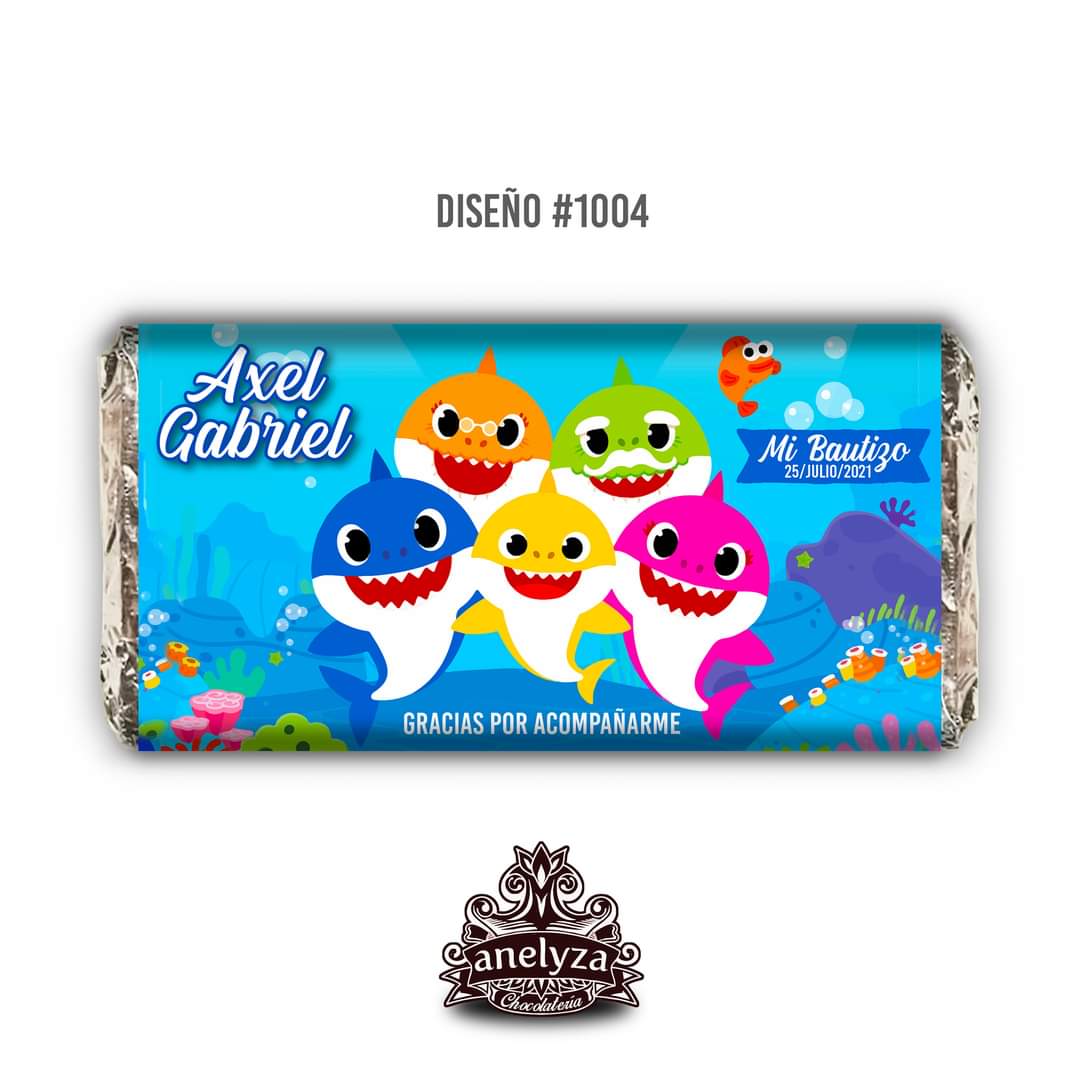 20 BARRAS DE CHOCOLATE PERSONALIZADAS DISEÑO #1004 BABY SHARK FIESTAS INFANTILES