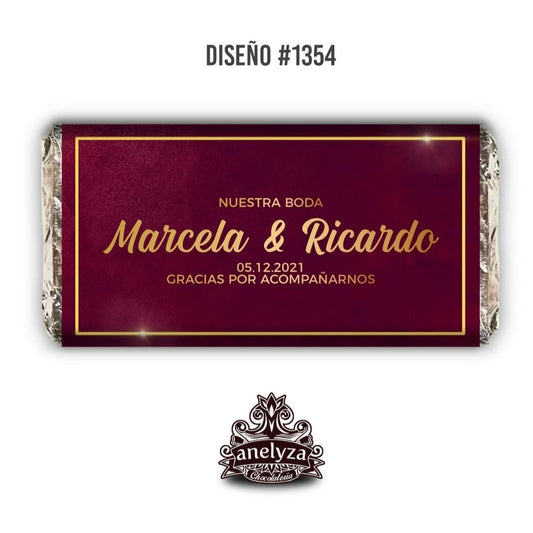 BARRAS DE CHOCOLATE PERSONALIZADAS DISEÑO #1354 FONDO GUINDA CON DORADO BODAS