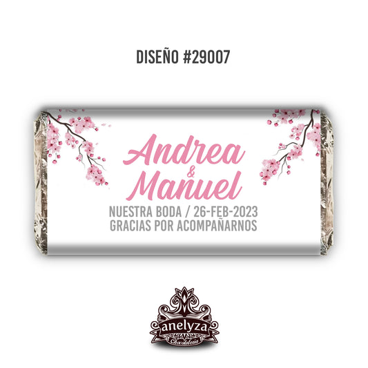 20 BARRAS DE CHOCOLATE PERSONALIZADAS DISEÑO #29007 FLOR DE CEREZO BODAS