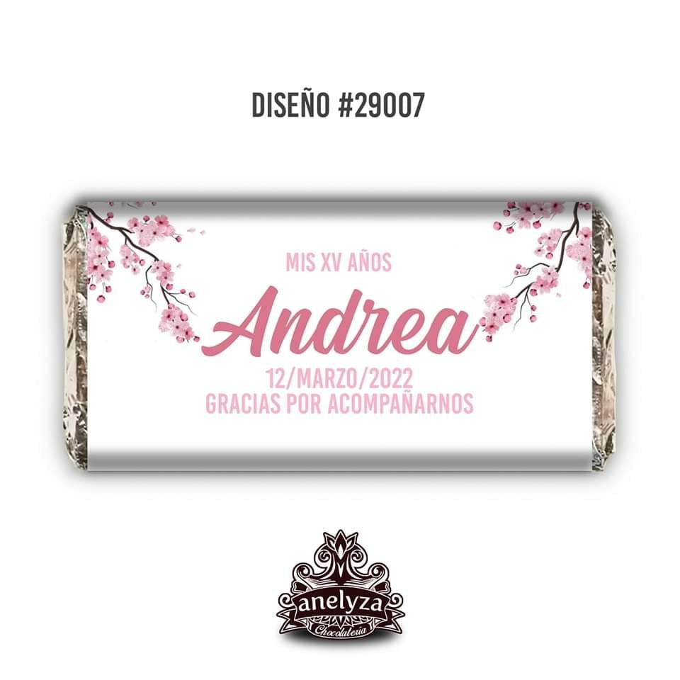 20 BARRAS DE CHOCOLATE PERSONALIZADAS DISEÑO #29007 FLOR DE CEREZO XV AÑOS