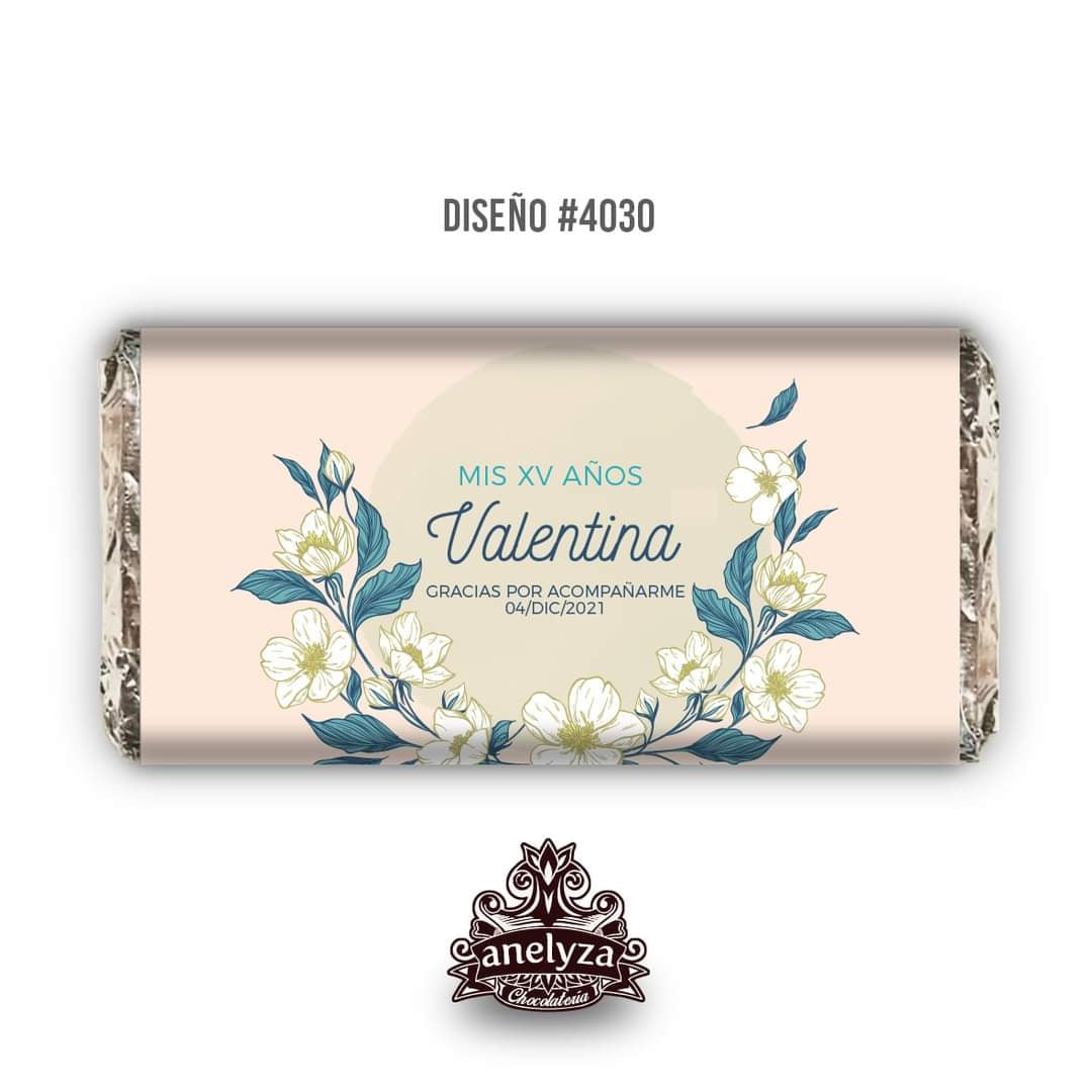 20 BARRAS DE CHOCOLATE PERSONALIZADAS DISEÑO #4030 FONDO ROSA FLORES XV AÑOS